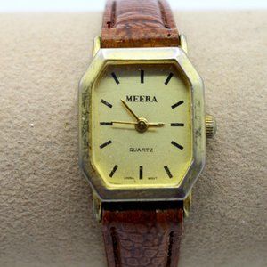 Vintage MEERA Women's Classic Gold Toned Bracelet Wristwatch Leather Band 90's